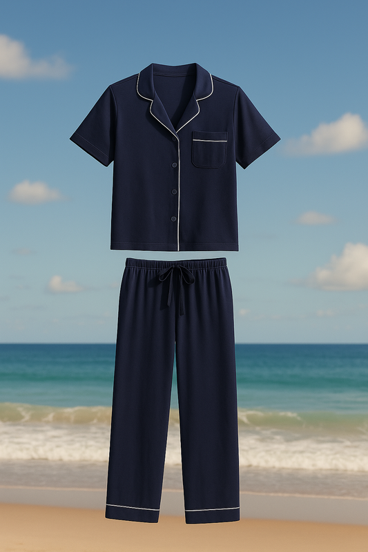 סט פיג׳מה כחולה - חולצה קצרה, מכנסיים ארוכים